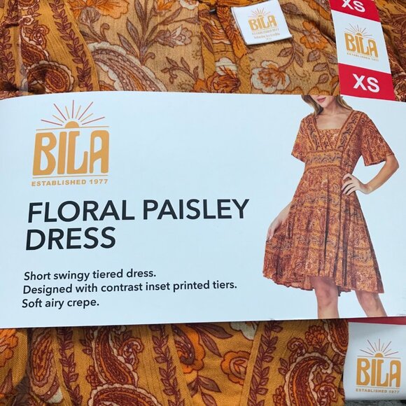 Bila Floral Paisley Short‎ Tiered Dress Women's XS Boho Relaxed Fit Marigold NEW - Picture 5 of 10